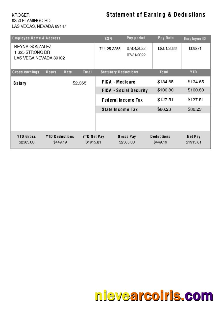 KROGER statement of earning & deductions